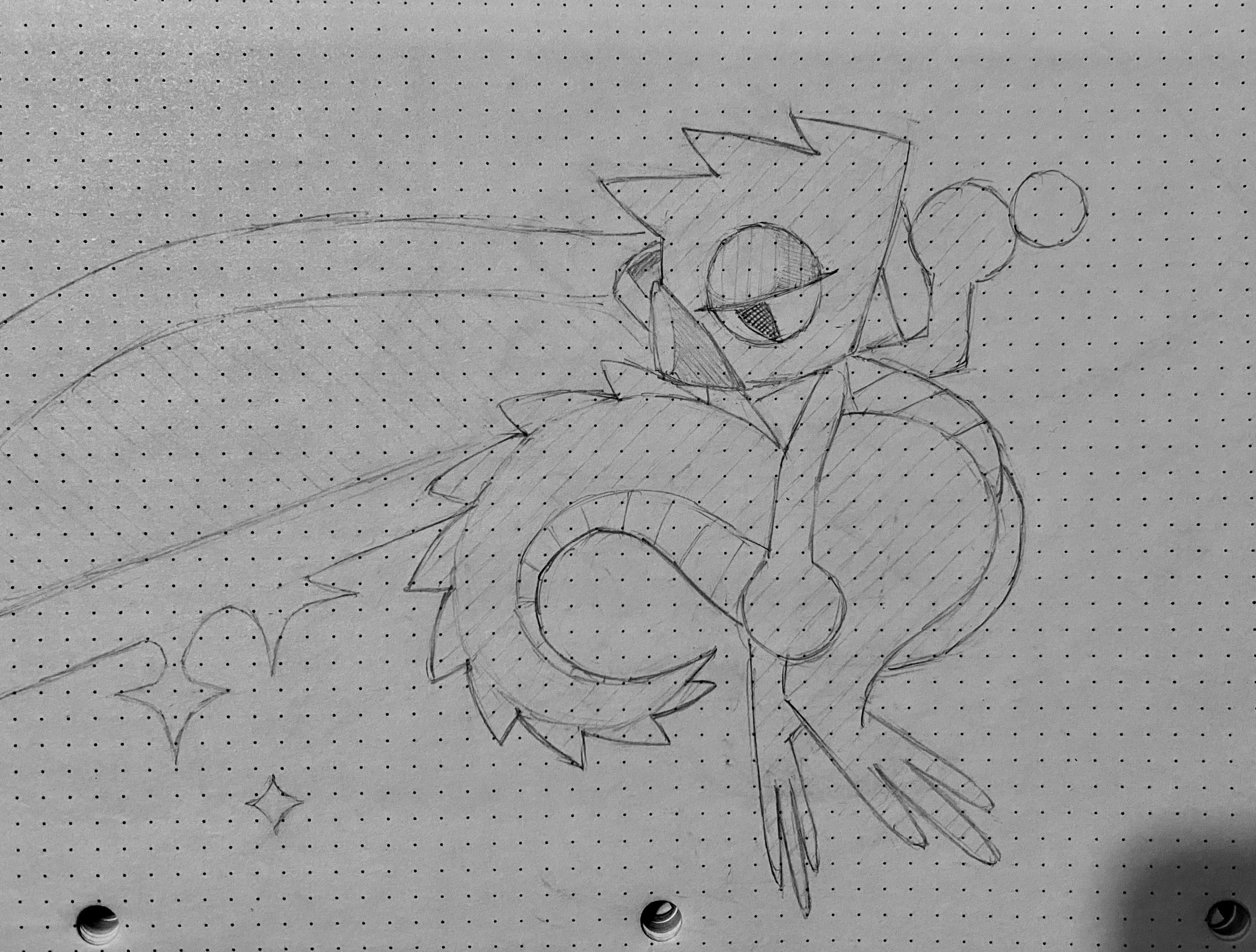 Gecko-like cartoon character with spines and wearing headphones holding a glowing blade on their shoulder.