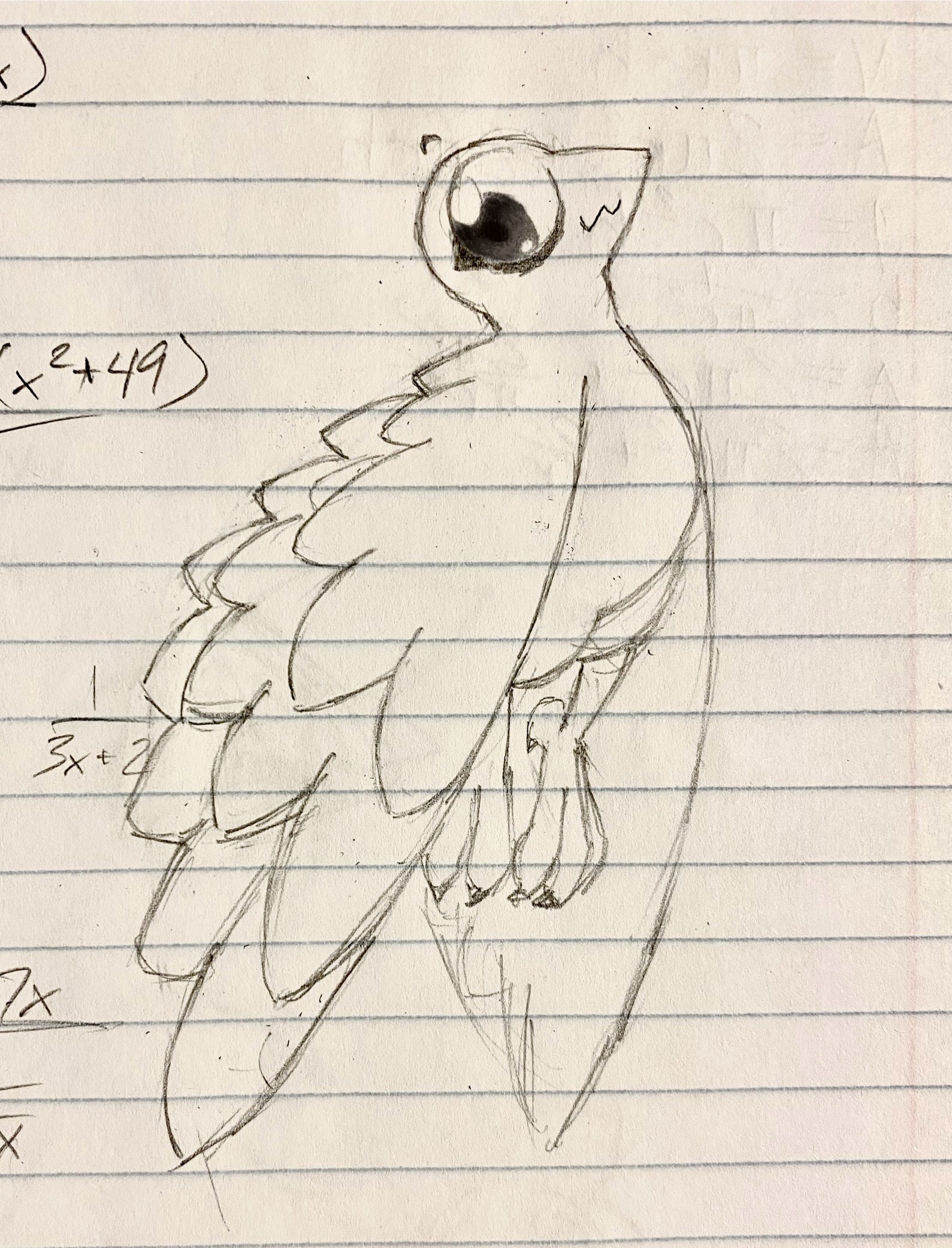 Cartoonish bird with large eyes, smiling at the viewer.