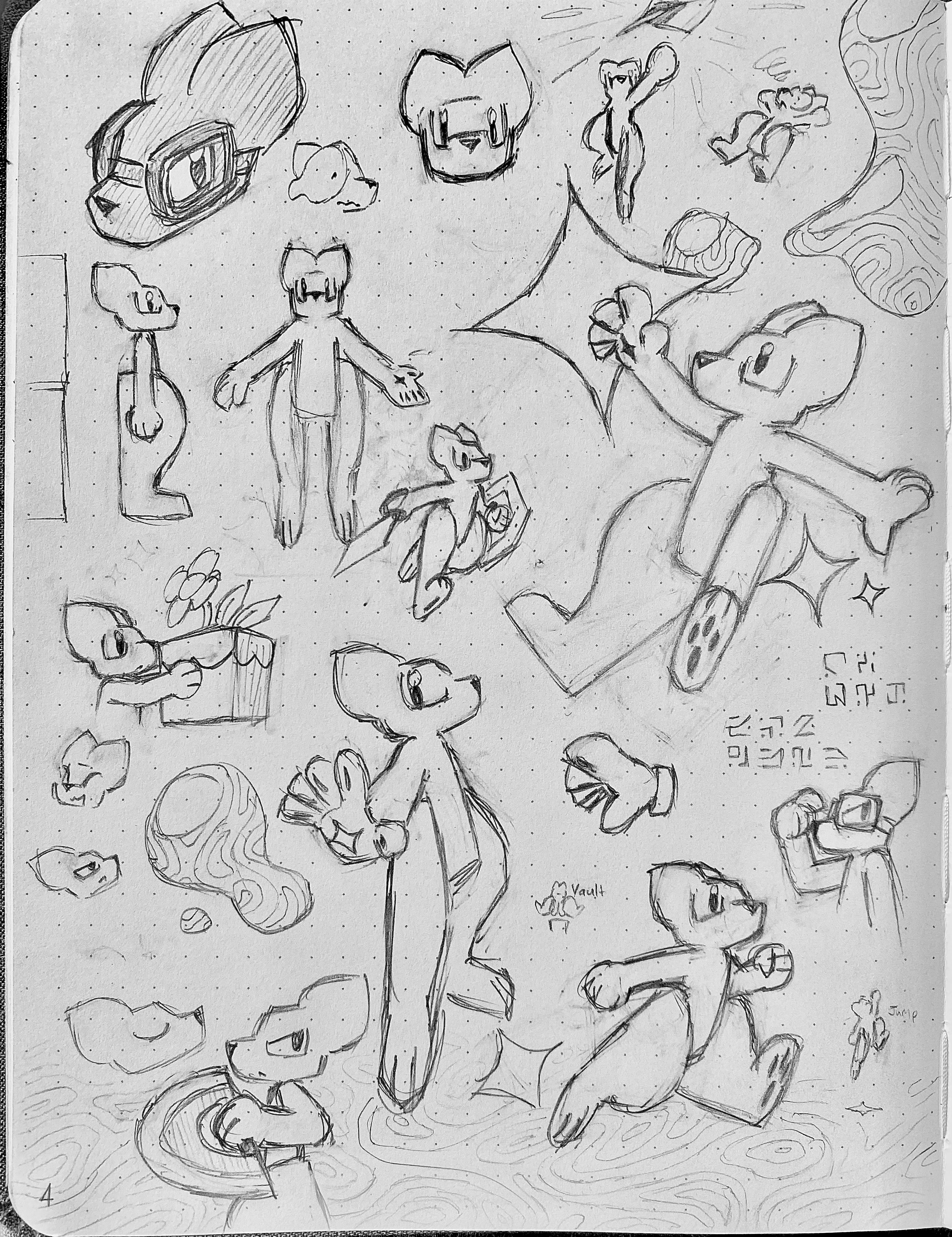 Various drawings of the same cartoony character in different poses. They have a snout, pointy ears, tall legs, and paws.