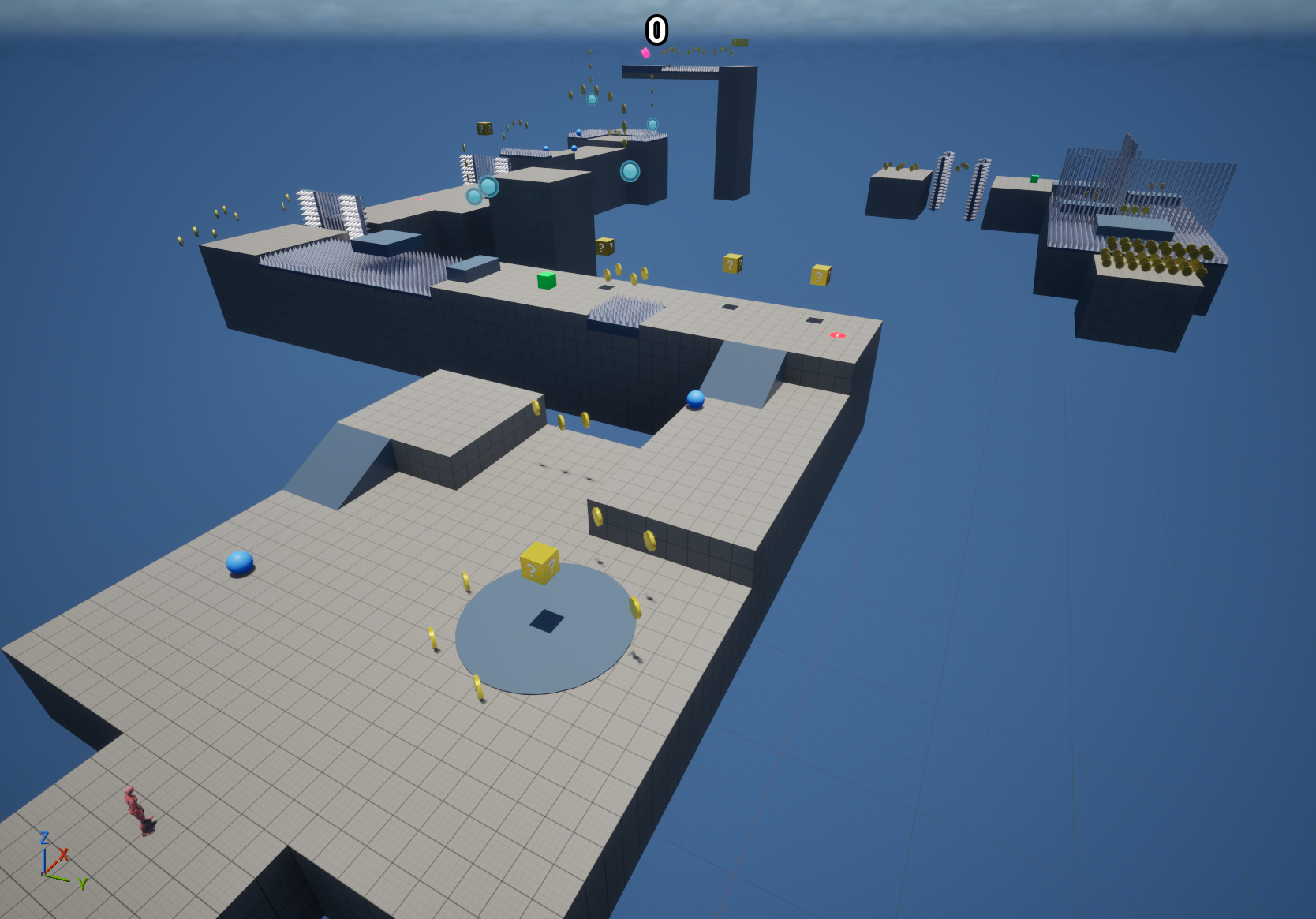 Aerial view of a gray box platformer game level with floating coins and blocks.