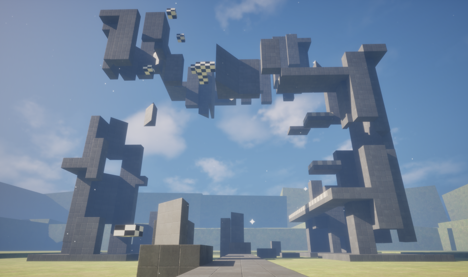 3D Game level with two ruined towers and a broken, floating bridge connecting them